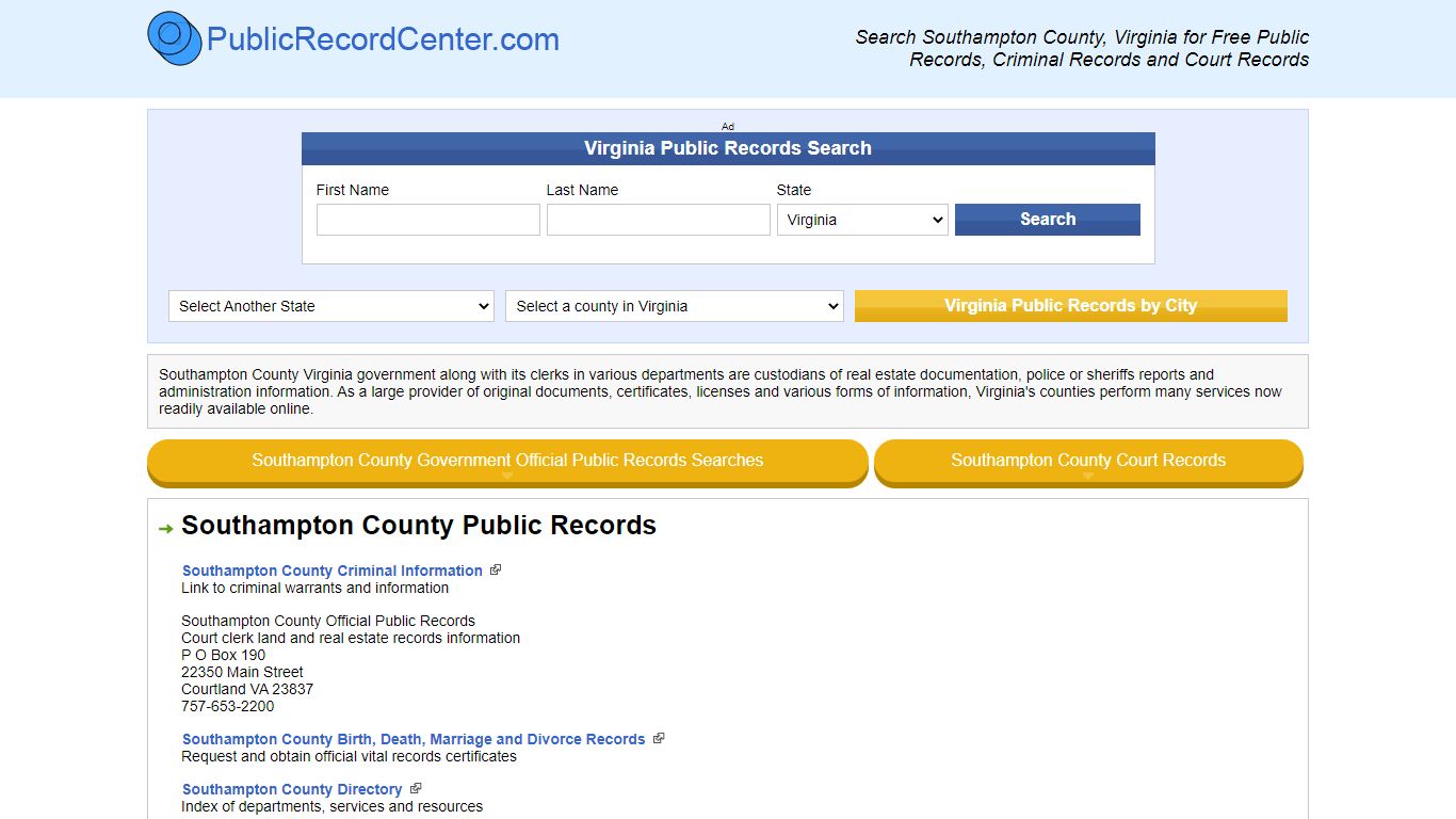 Southampton County Virginia Free Public Records - Court Records ...